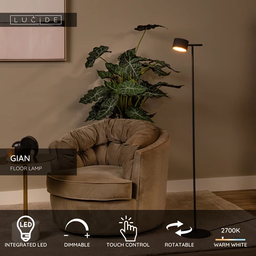 Lucide GIAN - Floor lamp - LED Dim. - 1x9W 2700K - Black - USP